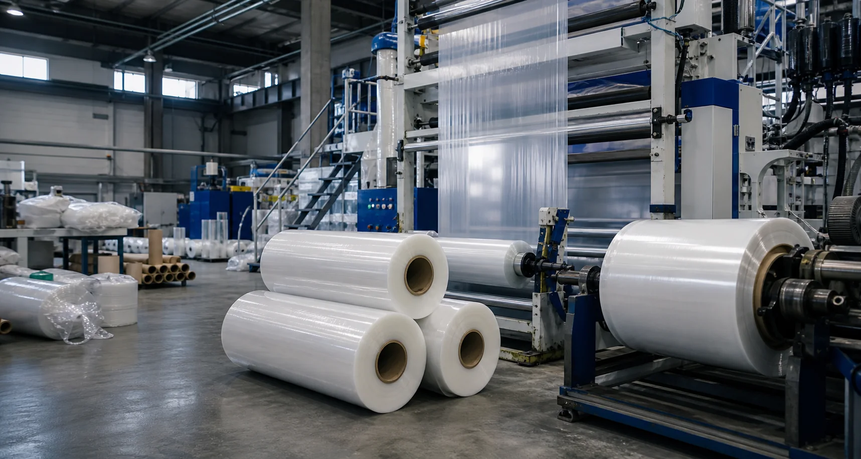 Plastik film üretim hattı ve fabrika içi üretim alanı