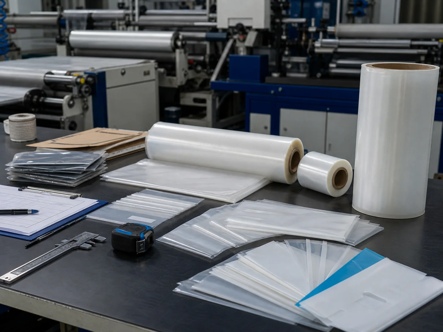 Plastik ambalaj numuneleri ve üretim planlama masası